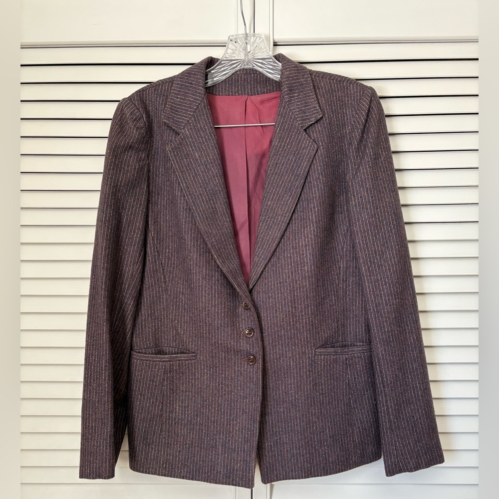 Vintage Allen Bernard Wool Purple Gray Union Made Women Medium Blazer Pinstripe